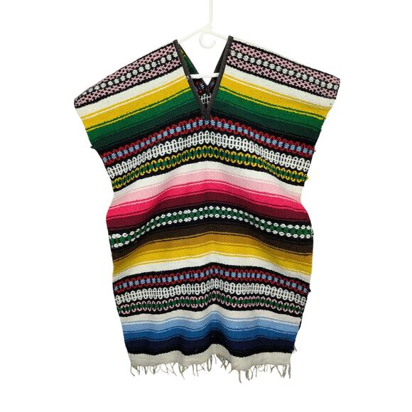 Vintage Baja Poncho Sweater Mens Medium Woven Pullover Boho Hooded 90s - Picture 1 of 8